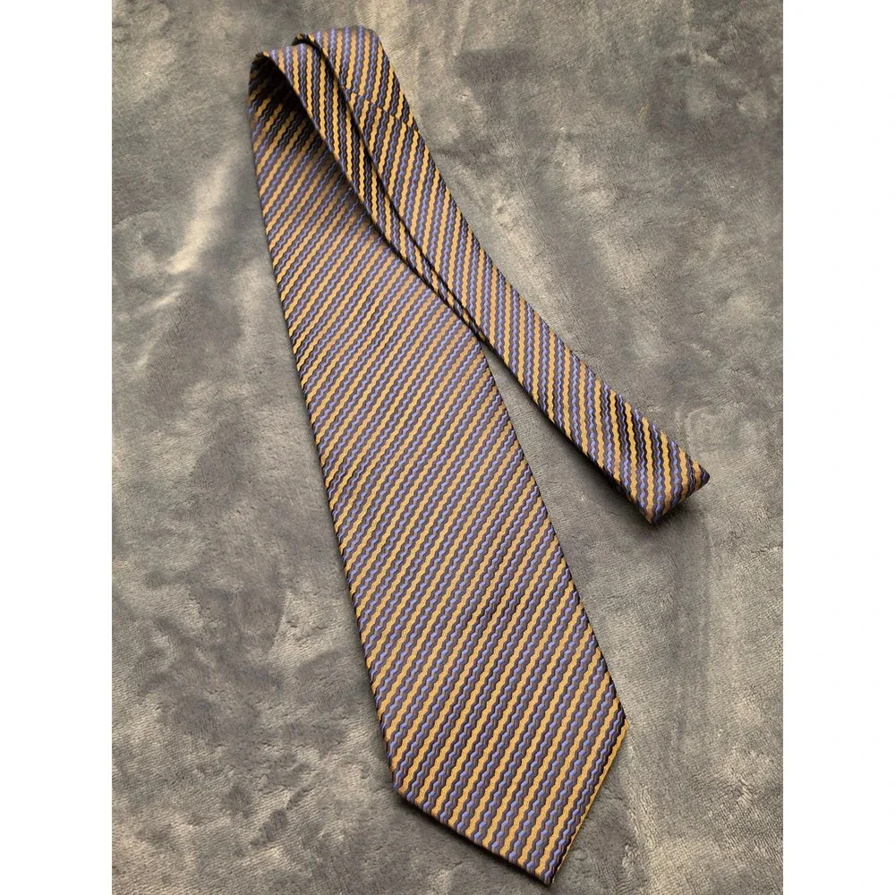 Roberto Villini Collezione Silk Tie Blue Gold Geometric Chevron Hand Made